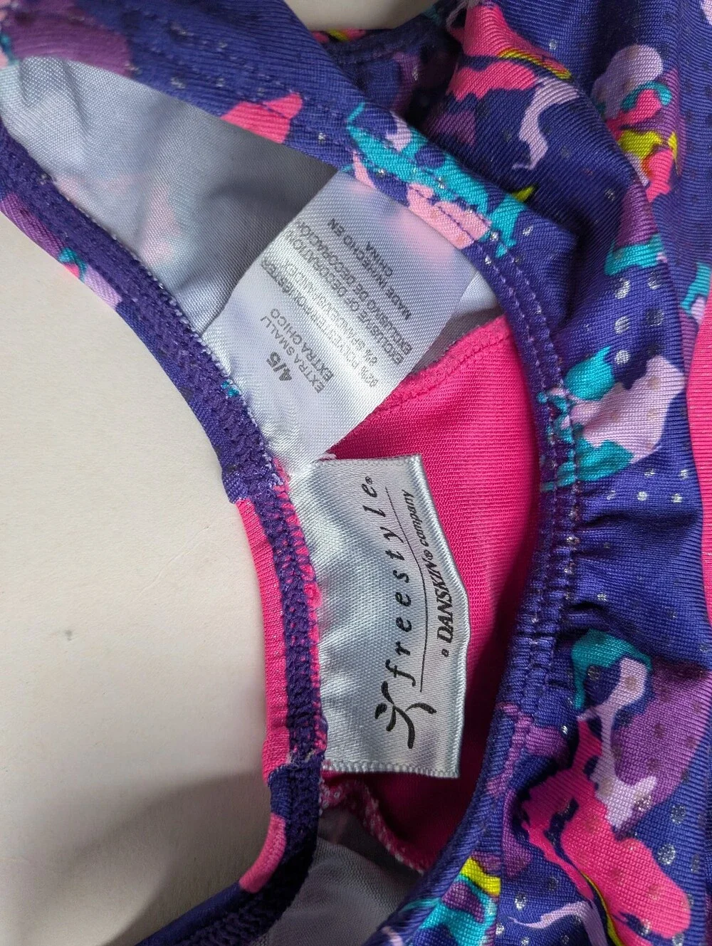 Purple floral color block Freestyle by Danskin kid's leotard biketard bike short